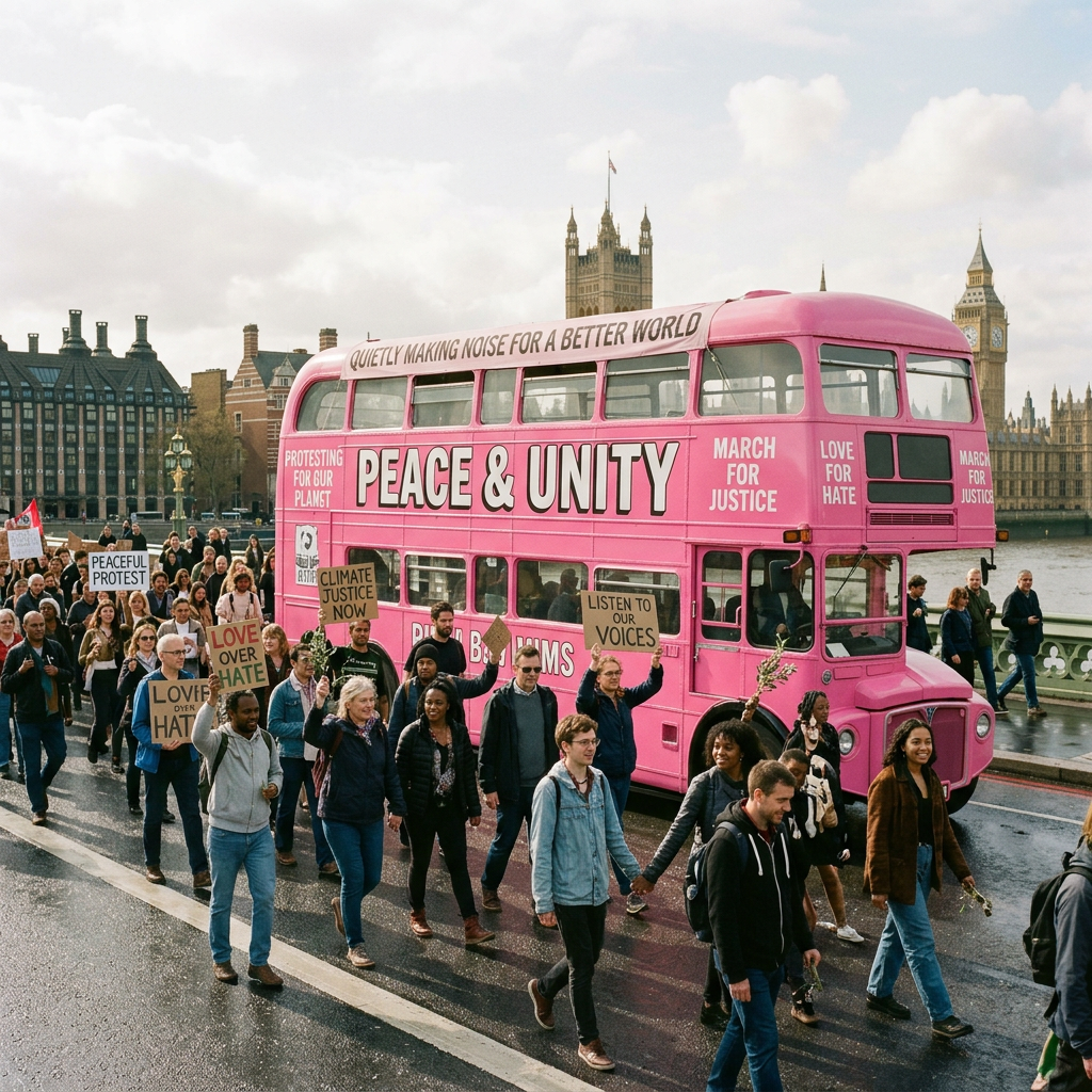 Group of diverse people marching near a pink double-decker bus with slogans for peace, justice, and climate action